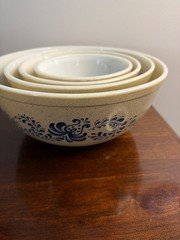 Vintage Pyrex Homestead Pattern Mixing Bowl Set 401 402 403 404 Blue Tan Stonewa