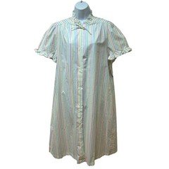 Vintage Rainbow Stripe Housecoat Robe Pocket Short Sleeve Snap Front L NEW NOS