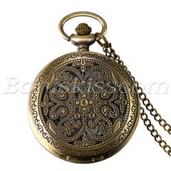 Vintage Retro Bronze Caved Pattern Half Hunter Quartz Pocket Watch Sweater Chain