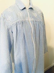 Vintage Seersucker Barbizon Nightgown Size L M Blue Floral Embroidery Zip Cotton