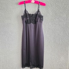 Vintage Shadowline Full Slip Dress Size 36 Black Nightgown Nylon Lace Trim