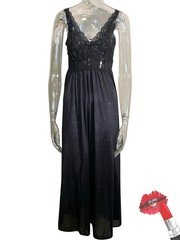 Vintage Shadowline Nightgown Medium Black Nylon Long USA #31737