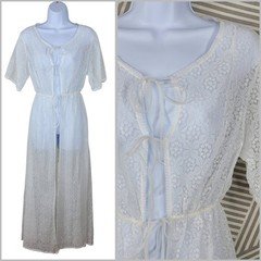 Vintage Sheer Chiffon Long Robe XS Small Medium Lace Tie Front White Floral