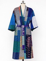 Vintage Silk Kantha Patchwork Robe Handmade Quilted Kimono Belted One Size