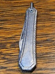 Vintage Sterling Silver Pocket Watch Fob Art Deco Engraving Folding Knife 2Blade