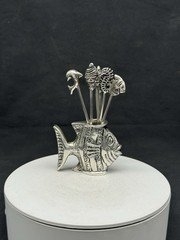 Vintage Taxco sterling silver cocktail pick set w/ fish shaped holder, 149 grams