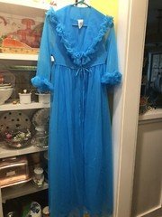 vintage turquoise sheer frilly ILGWU Night gown and robe medium