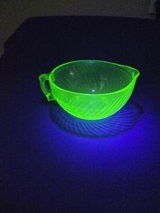Vintage Uranium Glass Handled Ribbed  Batter Bowl