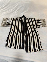 Vintage Val Mode Black Ivory Striped Kimono Robe Jacket One Size Open Front 84