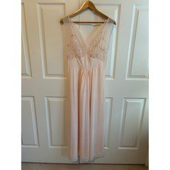 Vintage Vanity Fair Pink Nylon Tricot Nightgown Embroidered Mesh V-Neck Gown 36
