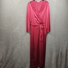 Vintage Vanity Fair Robe Womens S Pink Nylon Long Belted Lace Romantic USA Made