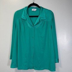 Vintage Vanity Fair Turquoise Green Button Front Pajama Top Large USA Made