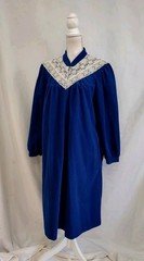 Vintage Vassarette Robe House Coat Blue Velour w Lace Zip Front Midi Length Sz L