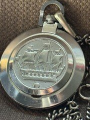 Vintage Watch Pocket Raketa Mechanical Soviet Chain Open Face Men Rare Old Ships