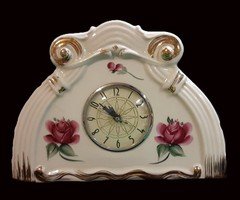 Vntg MCM Porcelain Mantel Clock, Moss Rose Pattern, Electric-Works, white pink