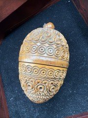 VTG  19TH CENTURY TREEN COQUILLA NUT CARVED POMANDER Box Case STANHOPE Large