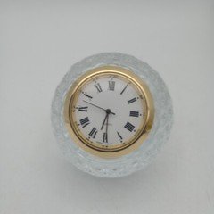 Vtg 24% Lead Crystral Golf Ball Clock Paperweight Quartz Roman Numerals READ 