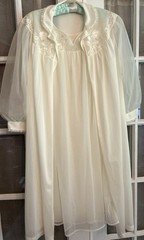 VTG 50’s Nightgown Peignoir Set Ivory Nylon Chiffon Lace Applique Coquette Sz 34