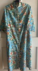 VTG 60s 70s Atkins Floral Mandarin Collar Housecoat Robe Duster Coat Blue Small