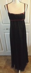Vtg 70s Black Knife Nylon Slinky Long Empire Nightgown Negligee Pink Ribbon