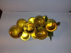 Vtg 8" MCM Amber Yellow Lucite Grape Cluster Large Grapes Wood Stem W/Leaves VGC