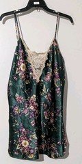 Vtg 90s California Miss Green Floral Satin Slip Dress Lace Lingerie Coquette L