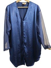 Vtg 90s Y2K Victorias Secret Gold Label Blue Satin Sleep Shirt Sheer Sleeve M/L
