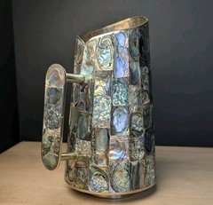 Vtg Alpaca Silver Abalone Inlay Pitcher Mexico MCM Hollywood Regency Lux Decor