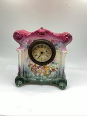 VTG Ansonia Royal Bonn Porcelain Mantel Clock Anvil 1755 Pink White Green 6”