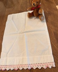 Vtg-Baby Size Pillowcase 15" X 11" HAND CROCHET & RICK RACK PINK & WHITE