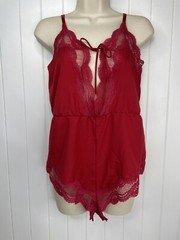 VTG Blush Brand Red Teddy Romper Bodysuit Lace Bow USA Sz Med Snaps Plunge Women