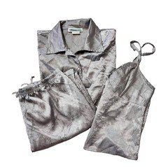 Vtg Boston Proper Made USA 3 Pc Pj Lounge Set Crushed Satin Metallic Silver M