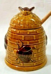 Vtg Ceramic 6" BEE DECORATED HONEY JAM POT & DRIZZLER E7