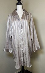 VTG HALSTON Shimmery Satin Contrast Stripes Nightshirt Champagne Wm Sz L