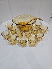 Vtg Hazel Atlas Williamsport Amber Glass Punch Bowl Set 12 Cups Ladle