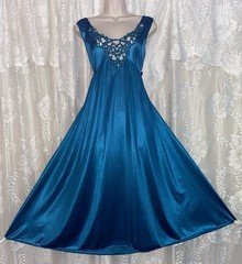VTG L XL LOVELY TEAL Nylon Nightgown Negligee w Inset Crochet Style Lace