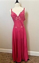 VTG *Large OLGA Nightgown Fuchsia Hot Pink Spandex Lace Bodice Full Sweep 91060
