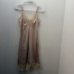 VTG Lilly Of France Nightgown Satin Slip Dress Midi SZ 34 Tan Lace M Babydoll