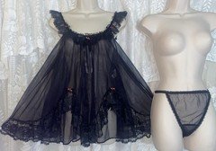 VTG LXL+ TOSCA Black BABYDOLL DBL SHEER Chiffon NIGHTIE nightgown w Panties SET