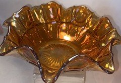 VTG Marigold iredescent Carnival Glass Bowl, Ruffled Edge, 9.5"W x 3.5"H