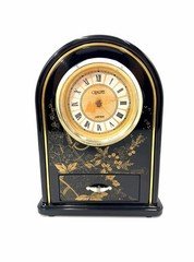 Vtg MCM Clock Grace Quartz Japan Black Plastic Gold Floral Drawer Cottage Works