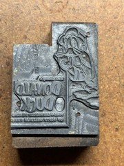 Vtg metal wood LETTERPRESS PRINTER BLOCK Disney DONALD DUCK #174 UNION BUG Mark