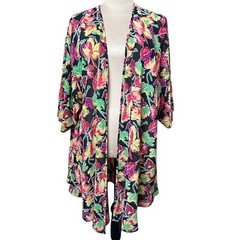 Vtg Natori Sheer Floral Leaf Print Open Front Kimono Robe Cover Up Black Multi