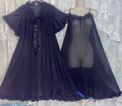 VTG NWOT XL+ Black Semi SHEER Pleated Chiffon Peignoir Robe Nightgown w RUFFLES