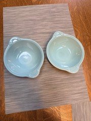 Vtg Pair Lu Ray Pastels Turquoise Lug Handle Cereal Bowls