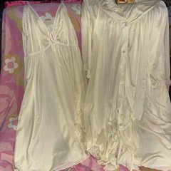 Vtg Pale Yellow Satin Cattani Of California Nightgown & Robe Set Peignoir 70s