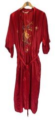 VTG Pearls Kimono Robe L Embroidered Dragon Full Length RED SMALL