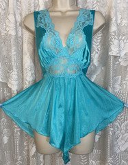 Vtg RARE L TURQUOISE NYLON TEDDY Romper nightie step in w Inset Lace olga esque