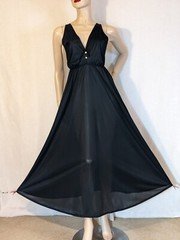VTG Sexy Black V-Neck Stretch Waist Nylon Full Sweep Nightgown M