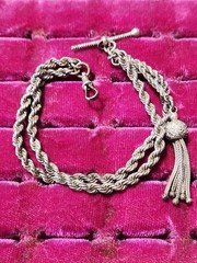 VTG SILVER TONE WATCH CHAIN TBAR DOG CLIP TASSLE POT METAL